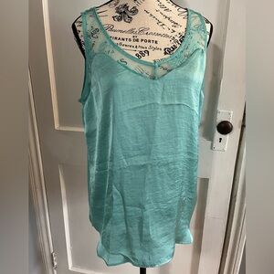 NWT Teal blouse tank with soft lace, satin feel